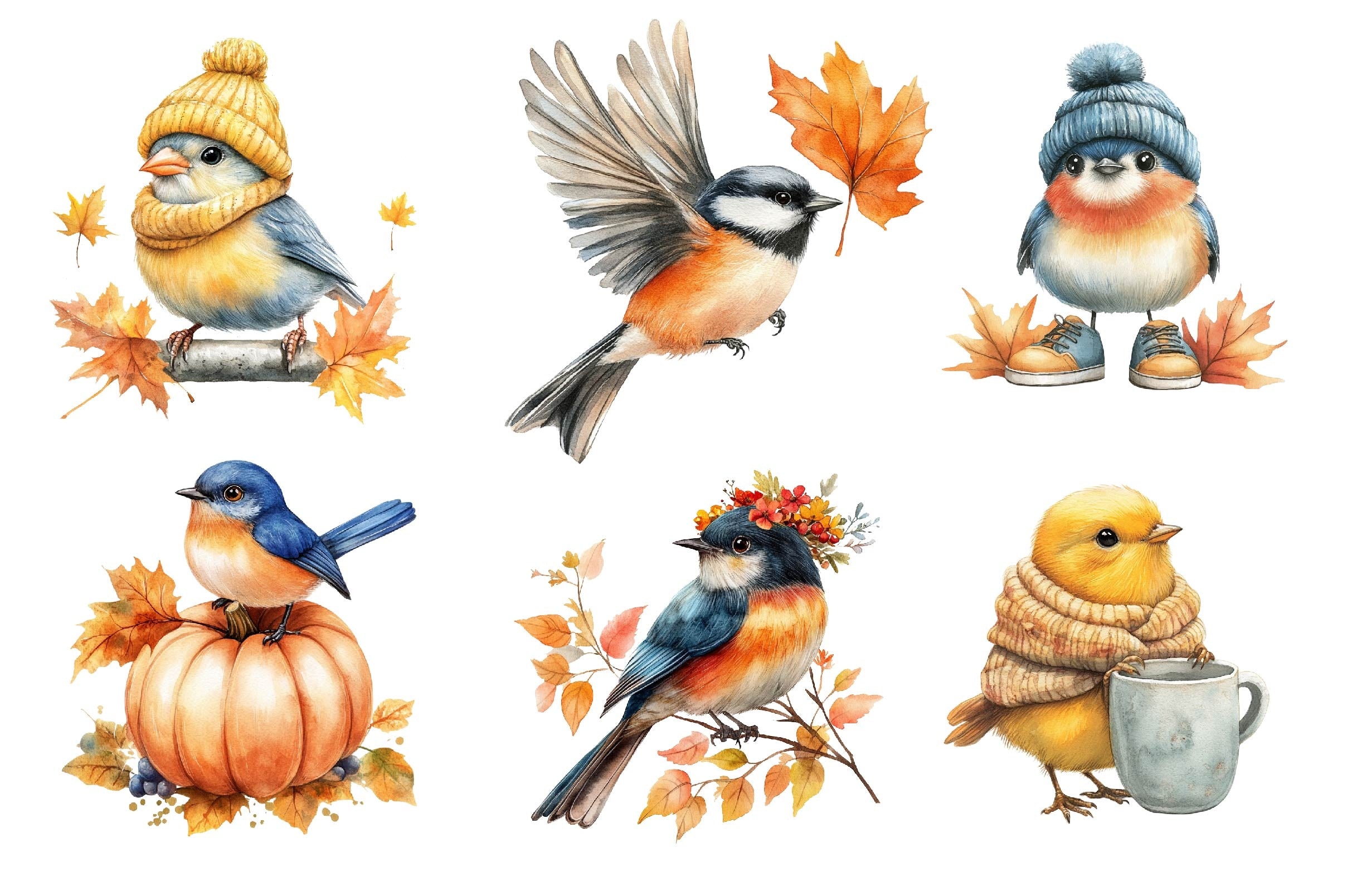 Fall Bird Printable Whimsical Fall Autumn Birds Clipart Bundle
