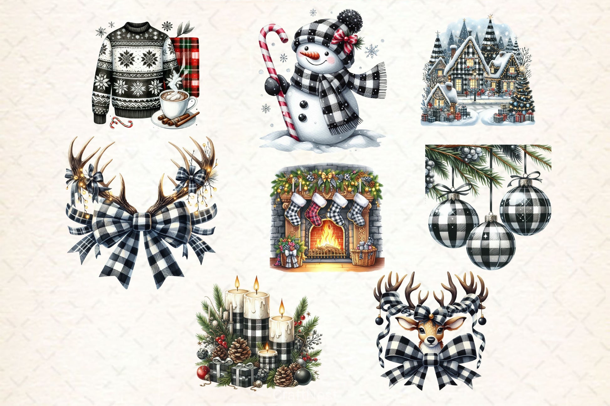 Luxury Plaid Black White Christmas Clipart Bundle - CraftNest - Digital Crafting and Art