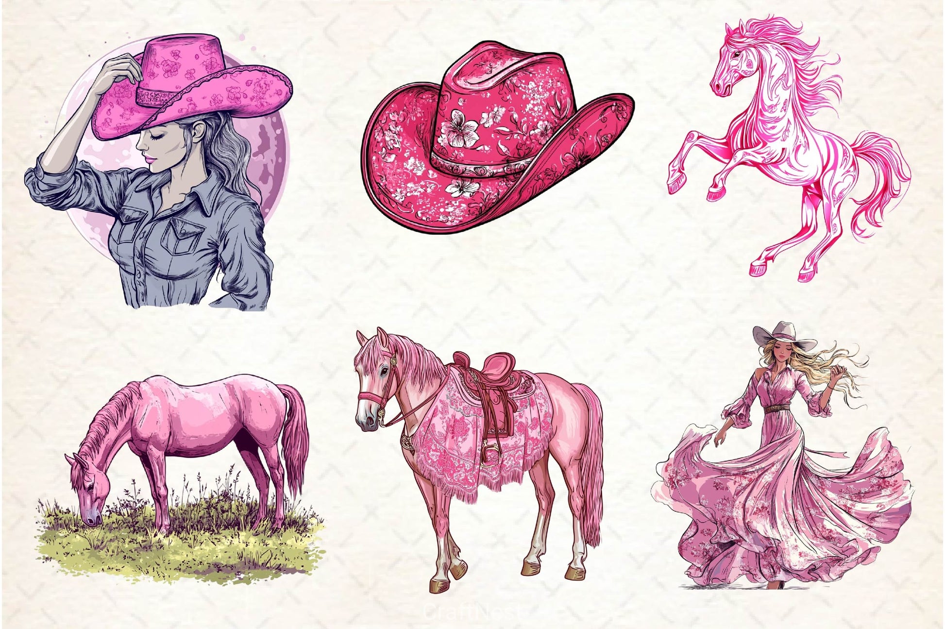 Pink Chinoiserie Cowgirl Clipart Bundle 2 - CraftNest - Digital Crafting and Art