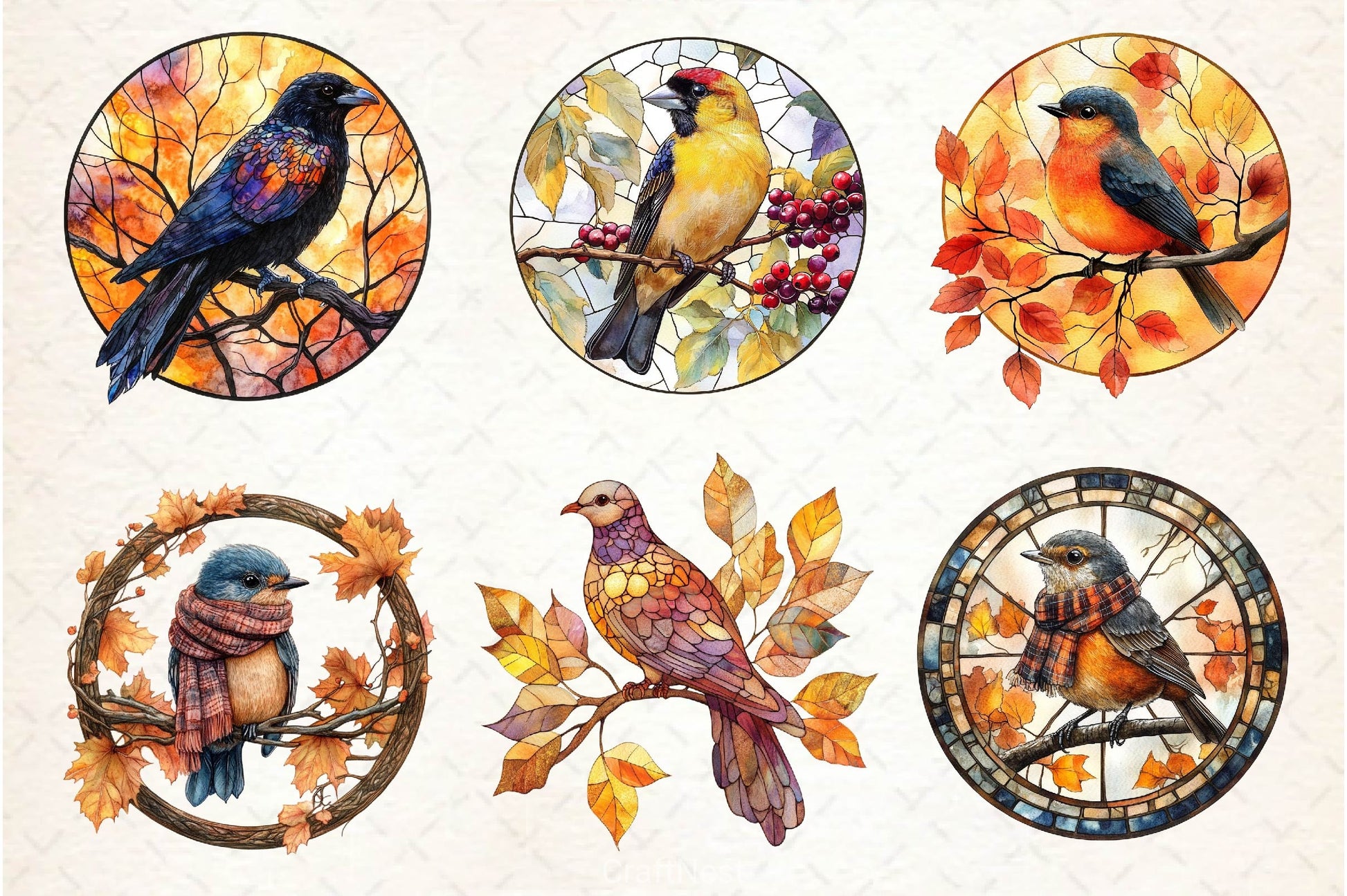 Fall Stained Glass Birds Clipart Bundle - CraftNest - Digital Crafting and Art