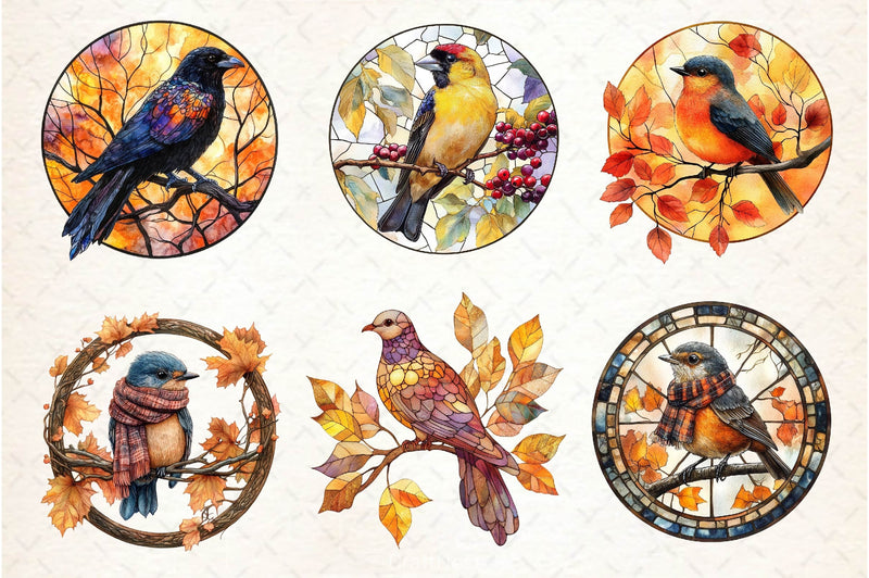 Fall Stained Glass Birds Clipart Bundle - CraftNest - Digital Crafting and Art
