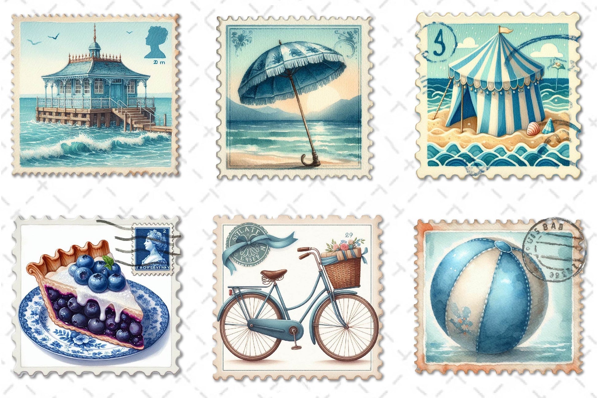 Blue Summer 1920 Postage Stamp Clipart Bundle - CraftNest - Digital Crafting and Art
