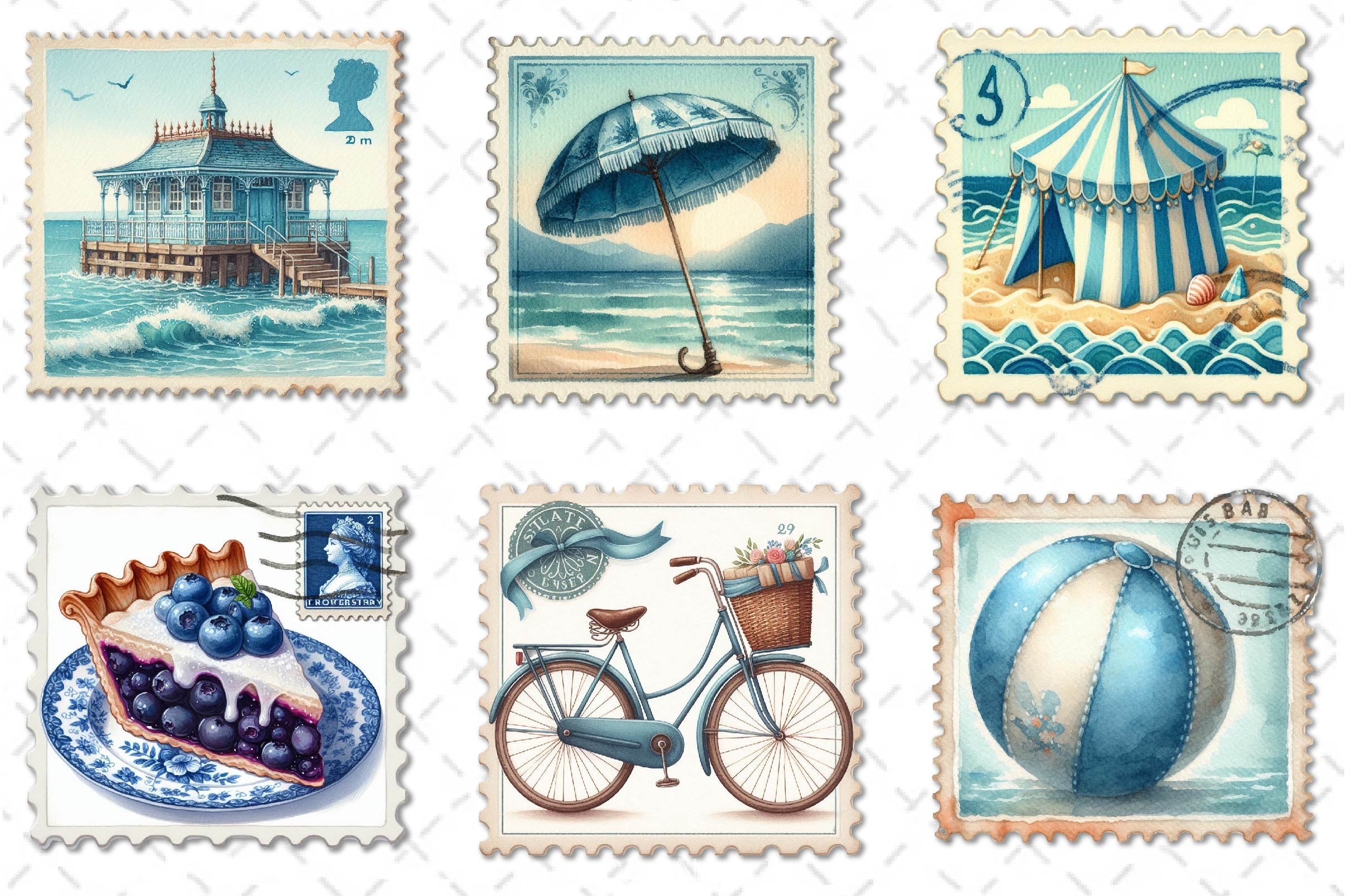 Blue Summer 1920 Postage Stamp Clipart Bundle - CraftNest - Digital Crafting and Art