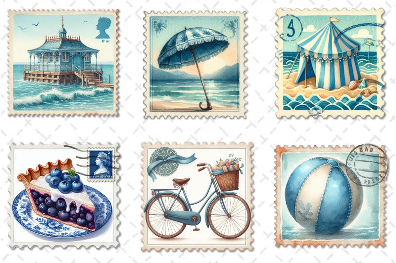 Blue Summer 1920 Postage Stamp Clipart Bundle - CraftNest - Digital Crafting and Art