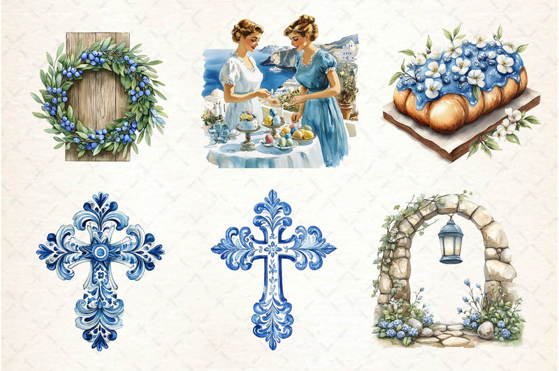 Blue Santorini Easter Day Clipart Bundle 4 - CraftNest - Digital Crafting and Art