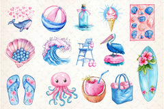 Summer Pink Blue Coastal Clipart Bundle 2 - CraftNest - Digital Crafting and Art