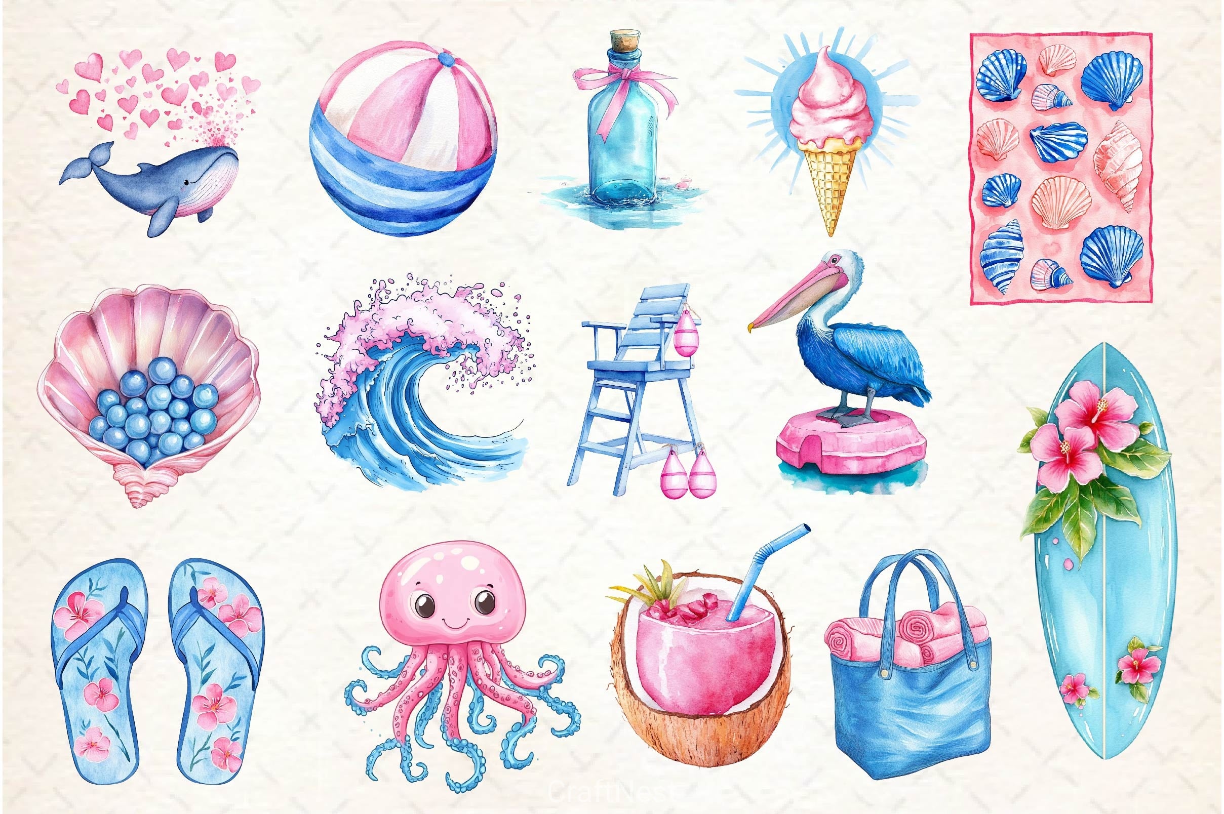 Summer Pink Blue Coastal Clipart Bundle 2 - CraftNest - Digital Crafting and Art