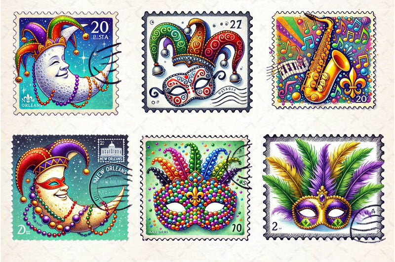 Mardi Gras Postage Stamp Clipart Bundle - CraftNest - Digital Crafting and Art