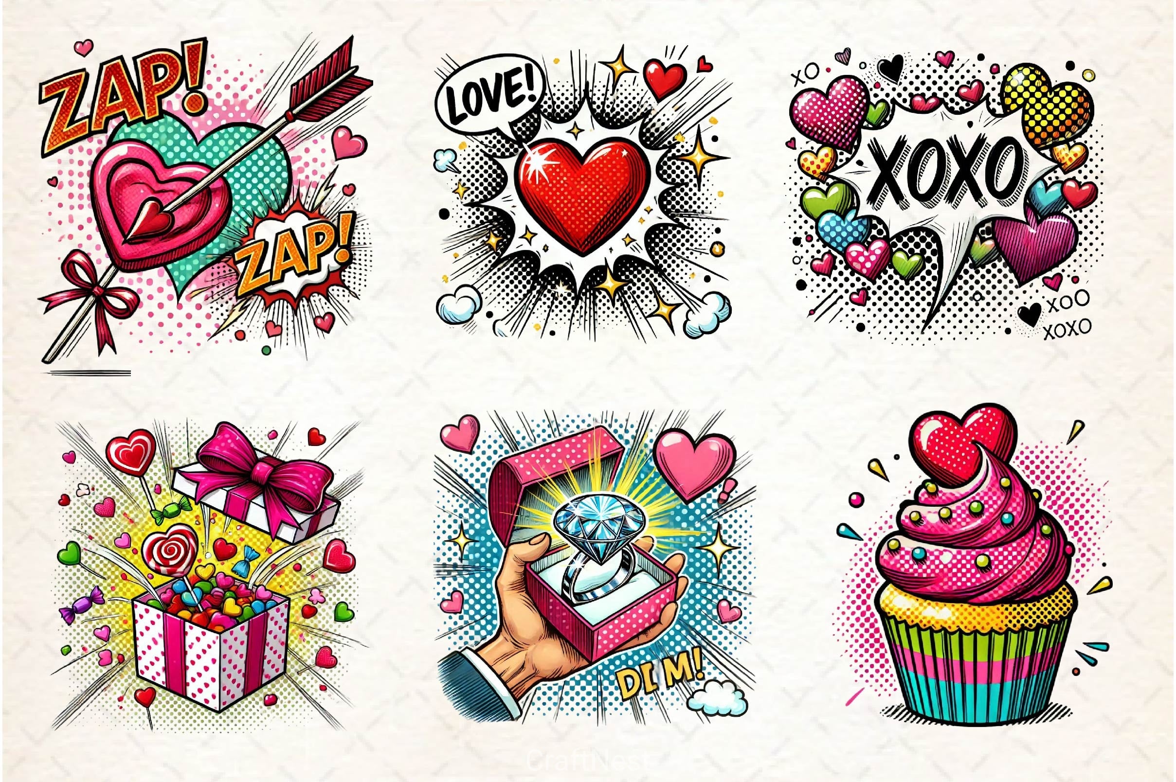 Cute Pop Art Valentines Day Clipart Bundle - CraftNest - Digital Crafting and Art