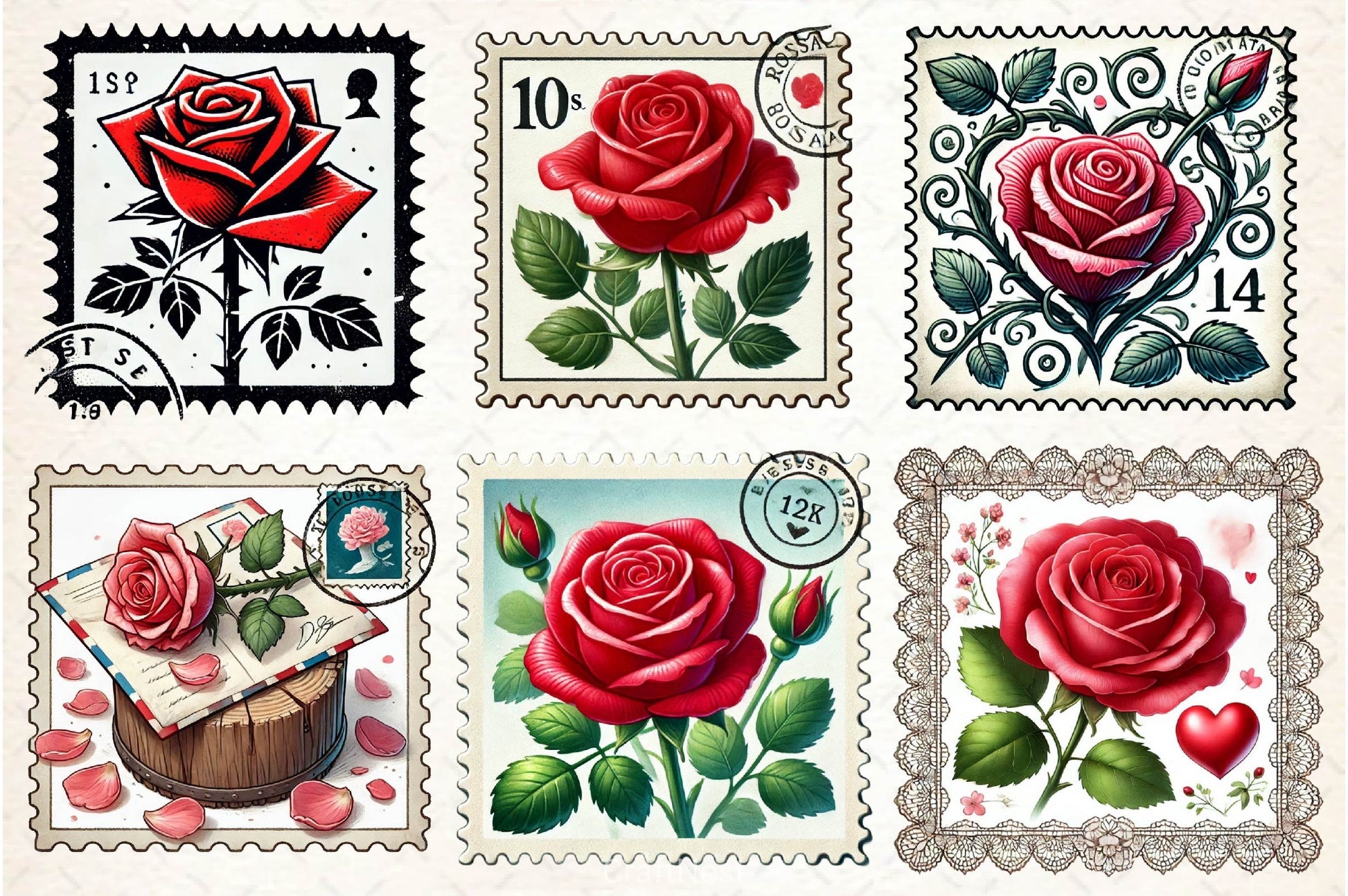 Valentine Rose Postage Stamp Clipart Bundle 2 - CraftNest - Digital Crafting and Art