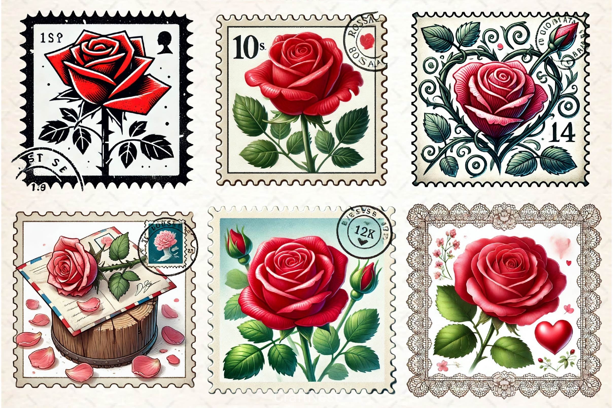 Valentine Rose Postage Stamp Clipart Bundle 2 - CraftNest - Digital Crafting and Art