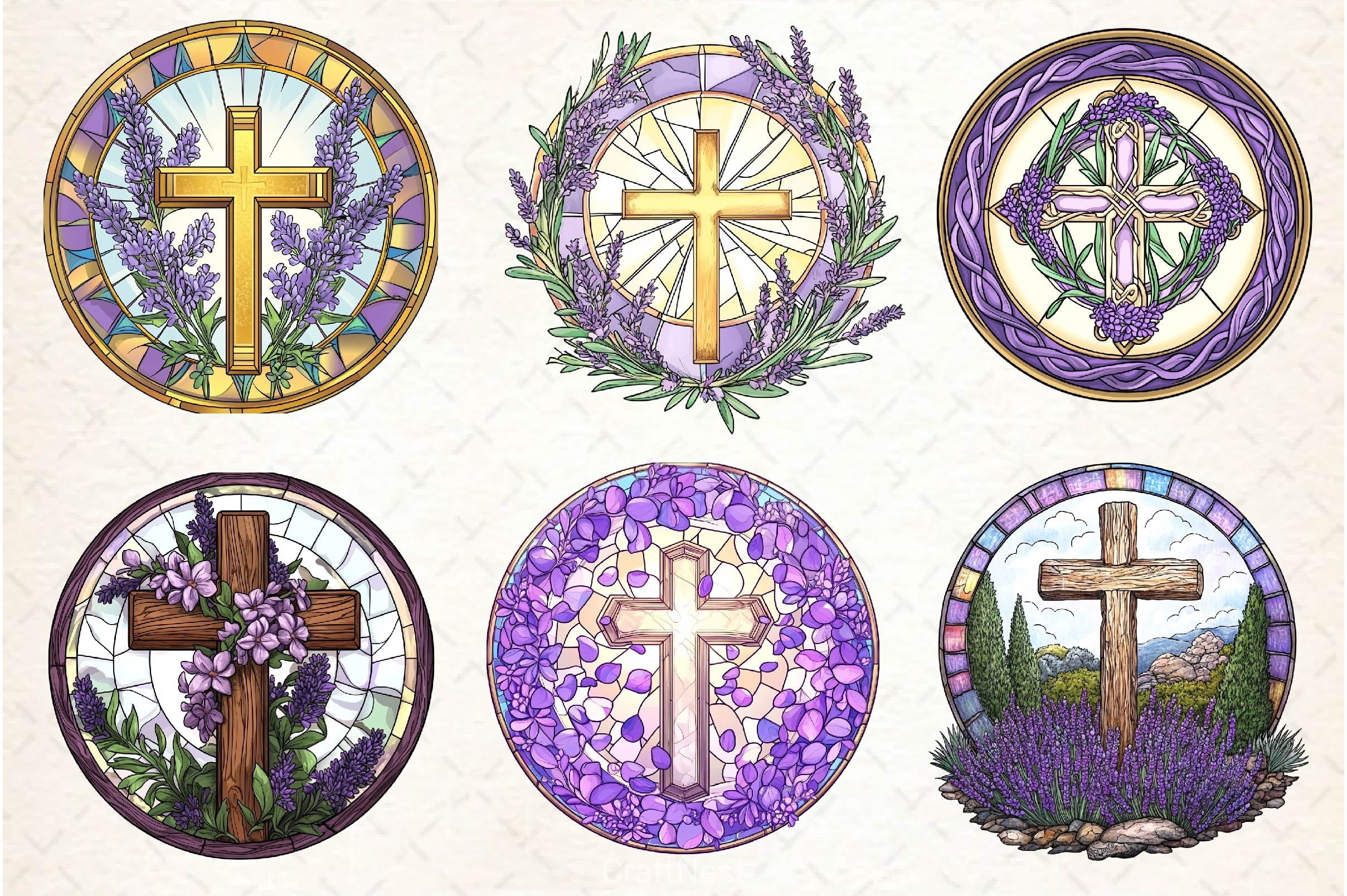 Lavender Blessing & Cross Faux Stained Glass Clipart Bundle - CraftNest - Digital Crafting and Art