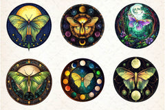 Lunar Moth And Moon Round Stained Glass Clipart Bundle 2 - CraftNest - Digital Crafting and Art