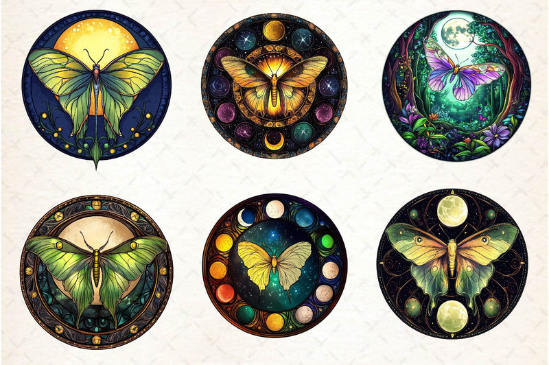 Lunar Moth And Moon Round Stained Glass Clipart Bundle 2 - CraftNest - Digital Crafting and Art