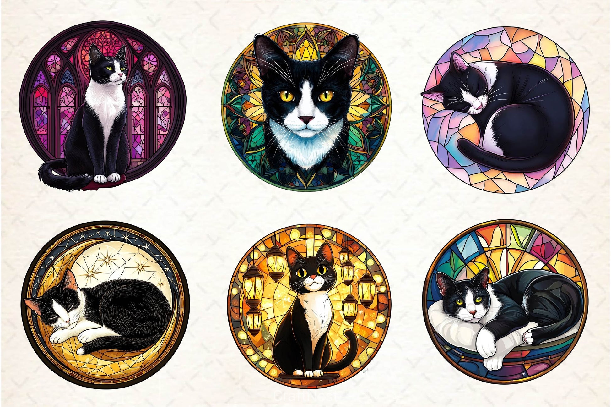 Round Stained Glass Tuxedo Cat Clipart Bundle 2 - CraftNest - Digital Crafting and Art