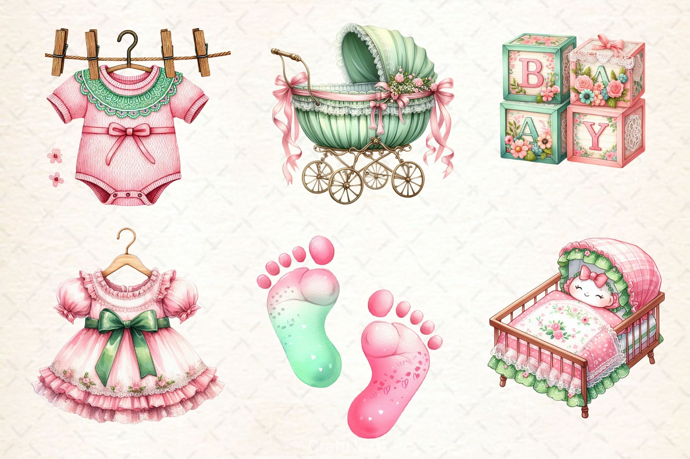 Pink & Green Coquette Baby Shower Clipart Bundle - CraftNest - Digital Crafting and Art