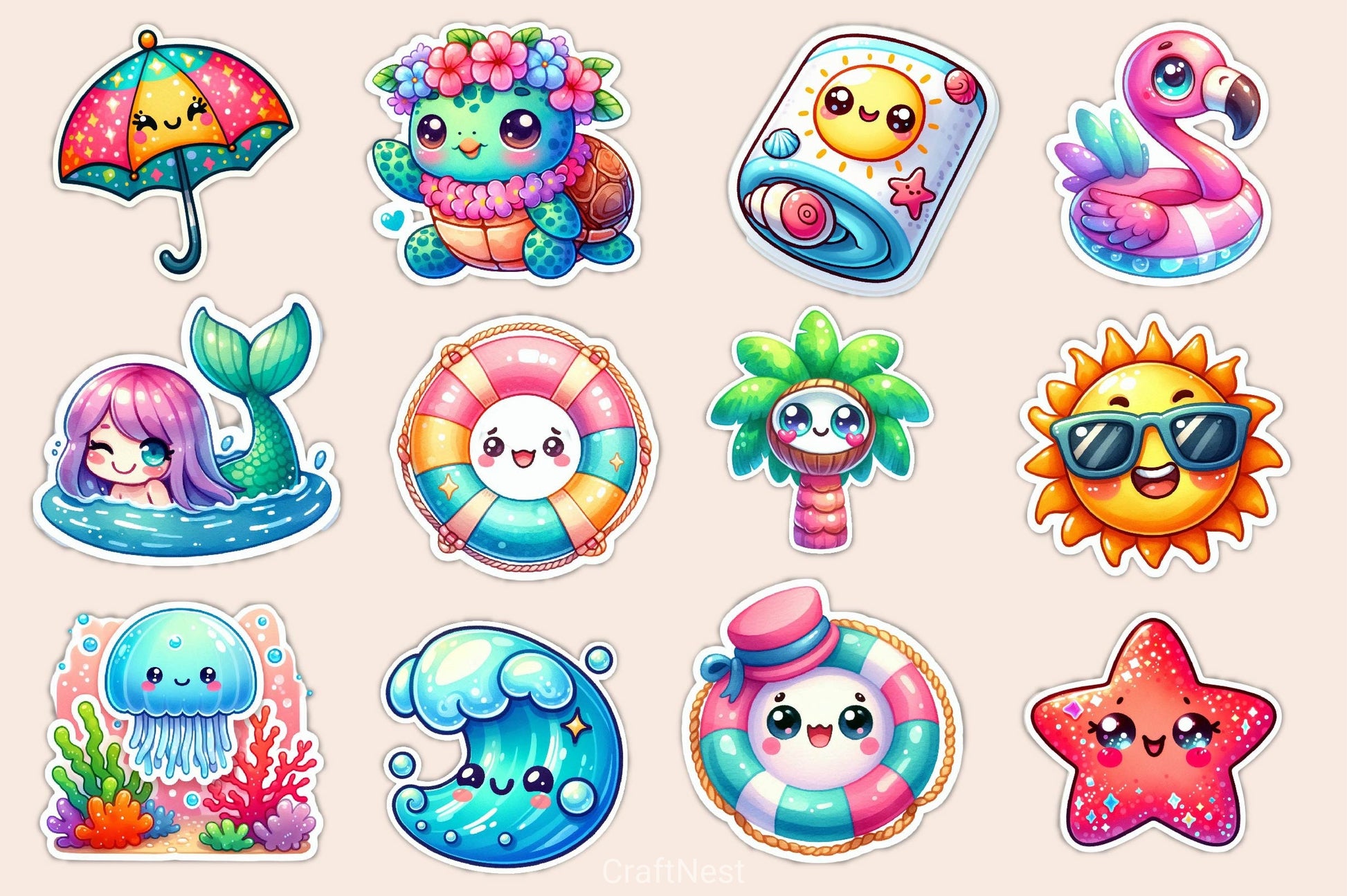 Kawaii Beach Clipart Bundle - CraftNest - Digital Crafting and Art