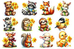 Cute Animals With Daffodils Flowers Clipart Bundle - CraftNest - Digital Crafting and Art