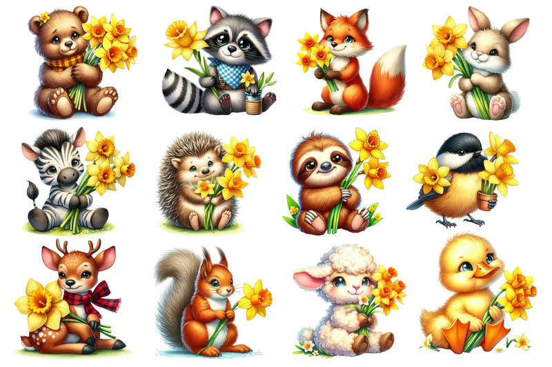Cute Animals With Daffodils Flowers Clipart Bundle - CraftNest - Digital Crafting and Art