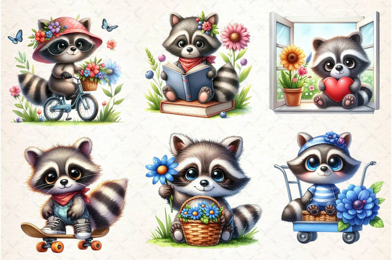Spring Cute Raccoon Clipart Bundle - CraftNest - Digital Crafting and Art