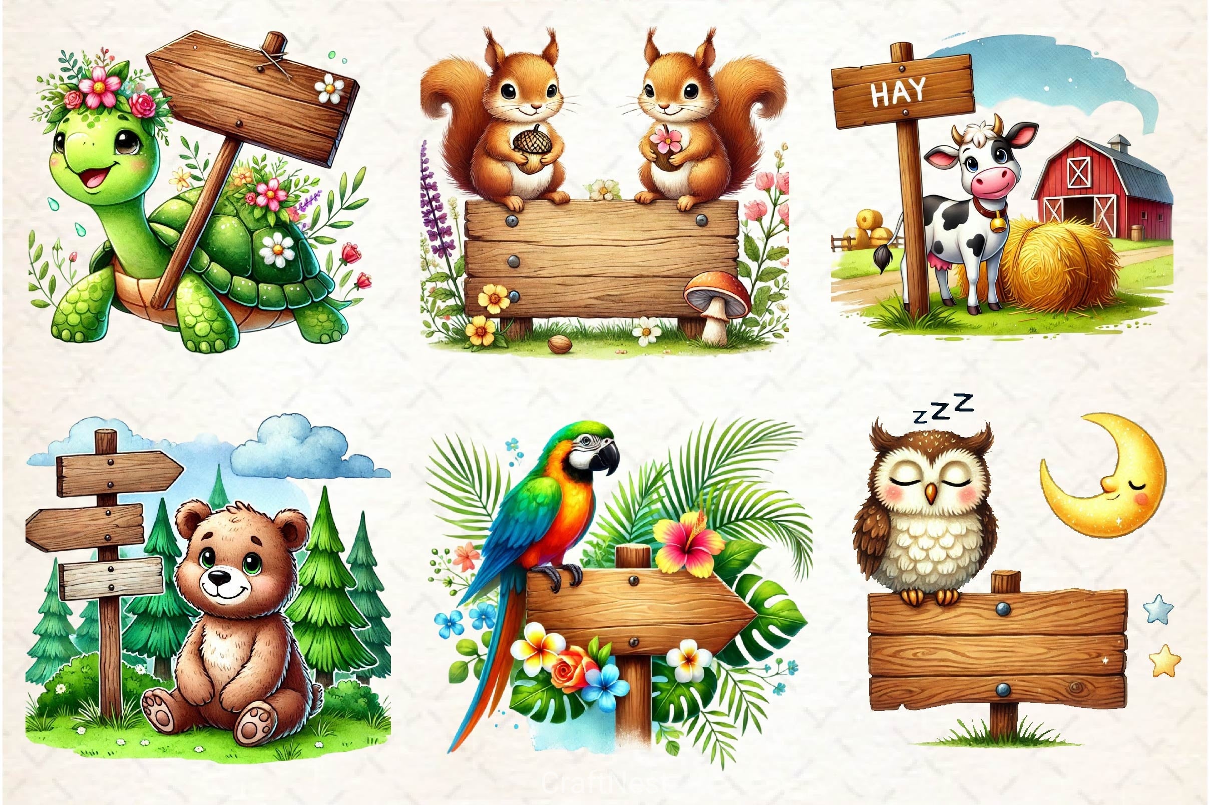 Animals With Wooden Signs Clipart Bundle - CraftNest - Digital Crafting and Art