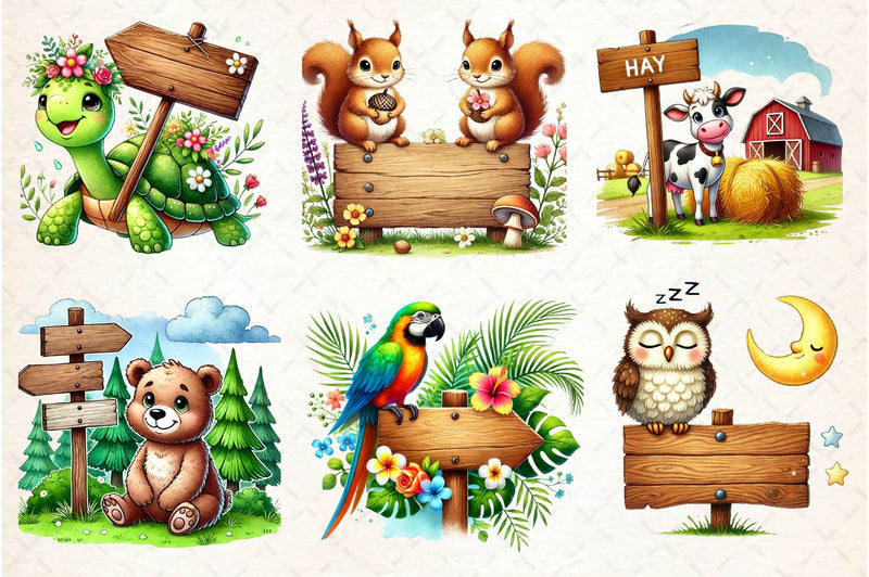 Animals With Wooden Signs Clipart Bundle - CraftNest - Digital Crafting and Art