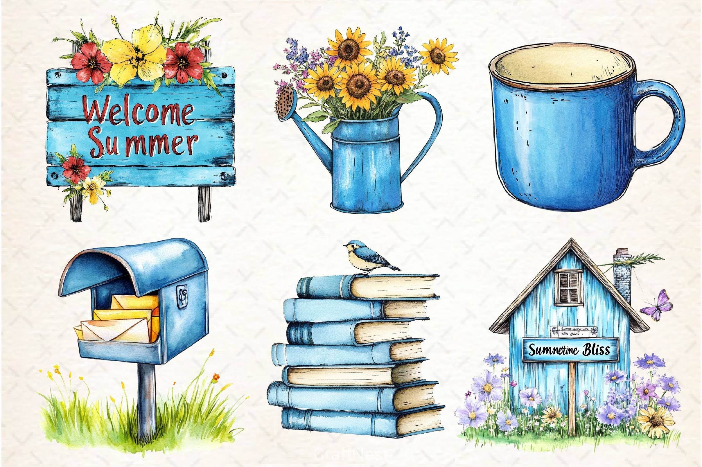 Blue Rustic Summer Clipart Bundle - CraftNest - Digital Crafting and Art