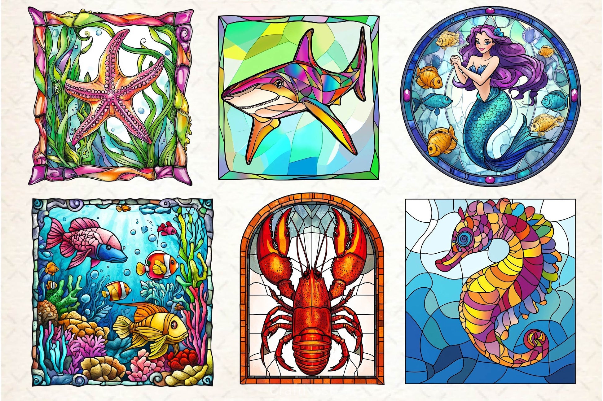 Round Stained Glass Sea Animals Clipart Bundle - CraftNest - Digital Crafting and Art