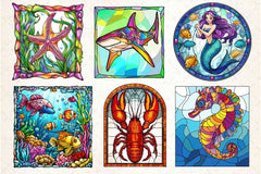 Round Stained Glass Sea Animals Clipart Bundle - CraftNest - Digital Crafting and Art