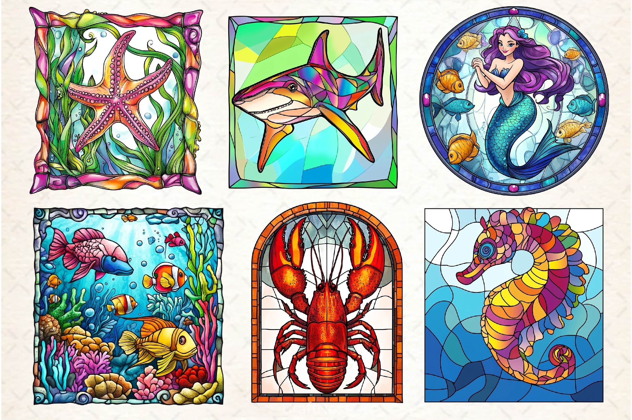 Round Stained Glass Sea Animals Clipart Bundle - CraftNest - Digital Crafting and Art