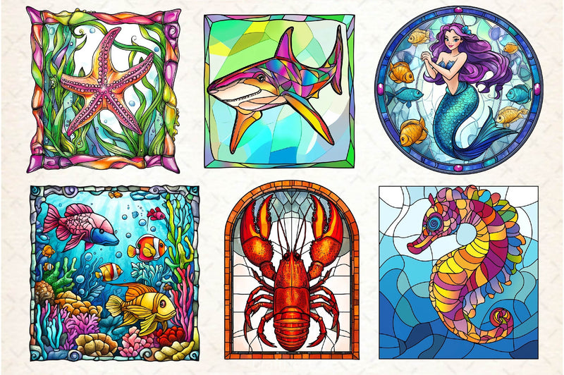 Round Stained Glass Sea Animals Clipart Bundle - CraftNest - Digital Crafting and Art