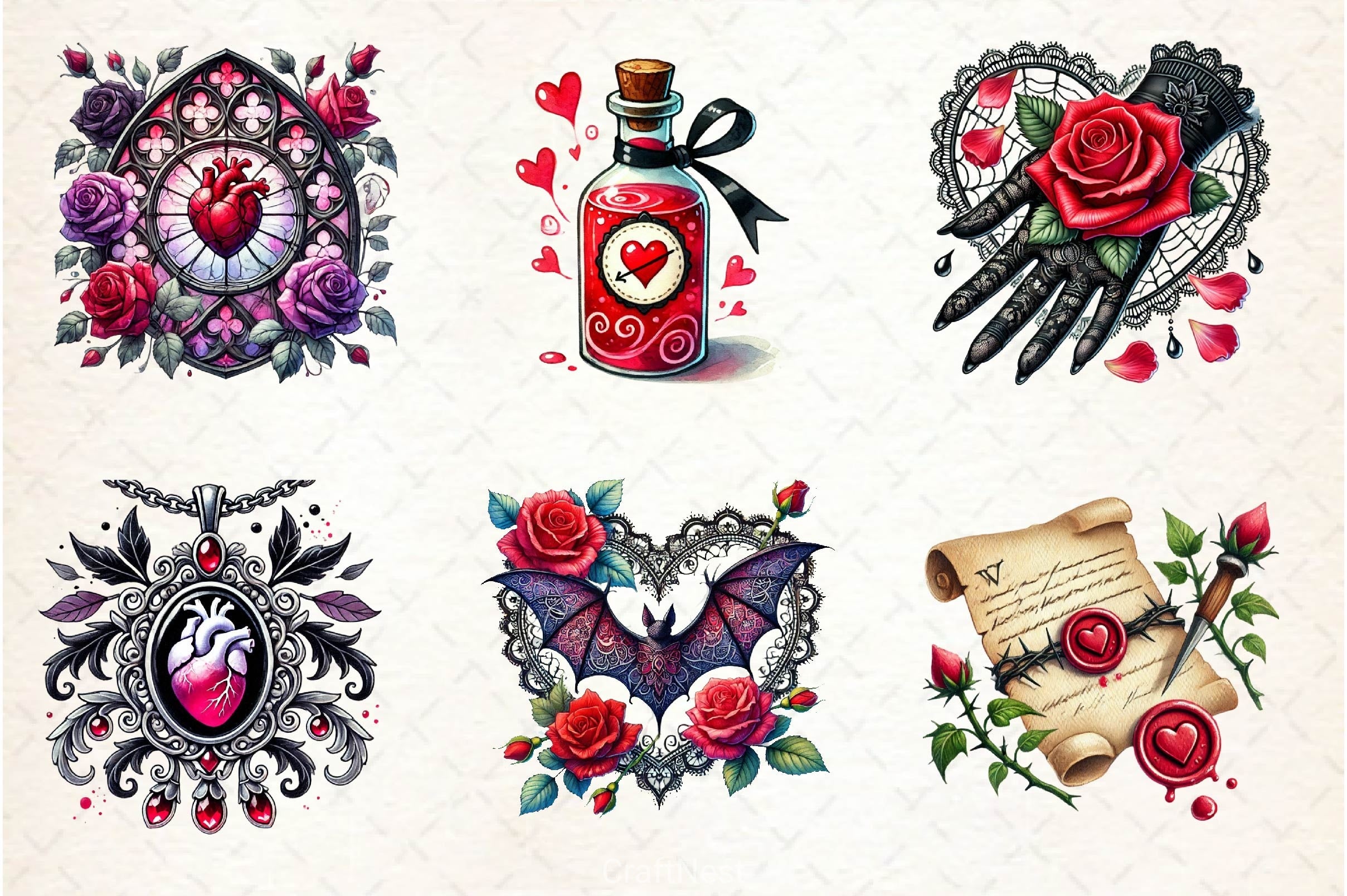 Love Gothic Valentines Day Clipart Bundle - CraftNest - Digital Crafting and Art