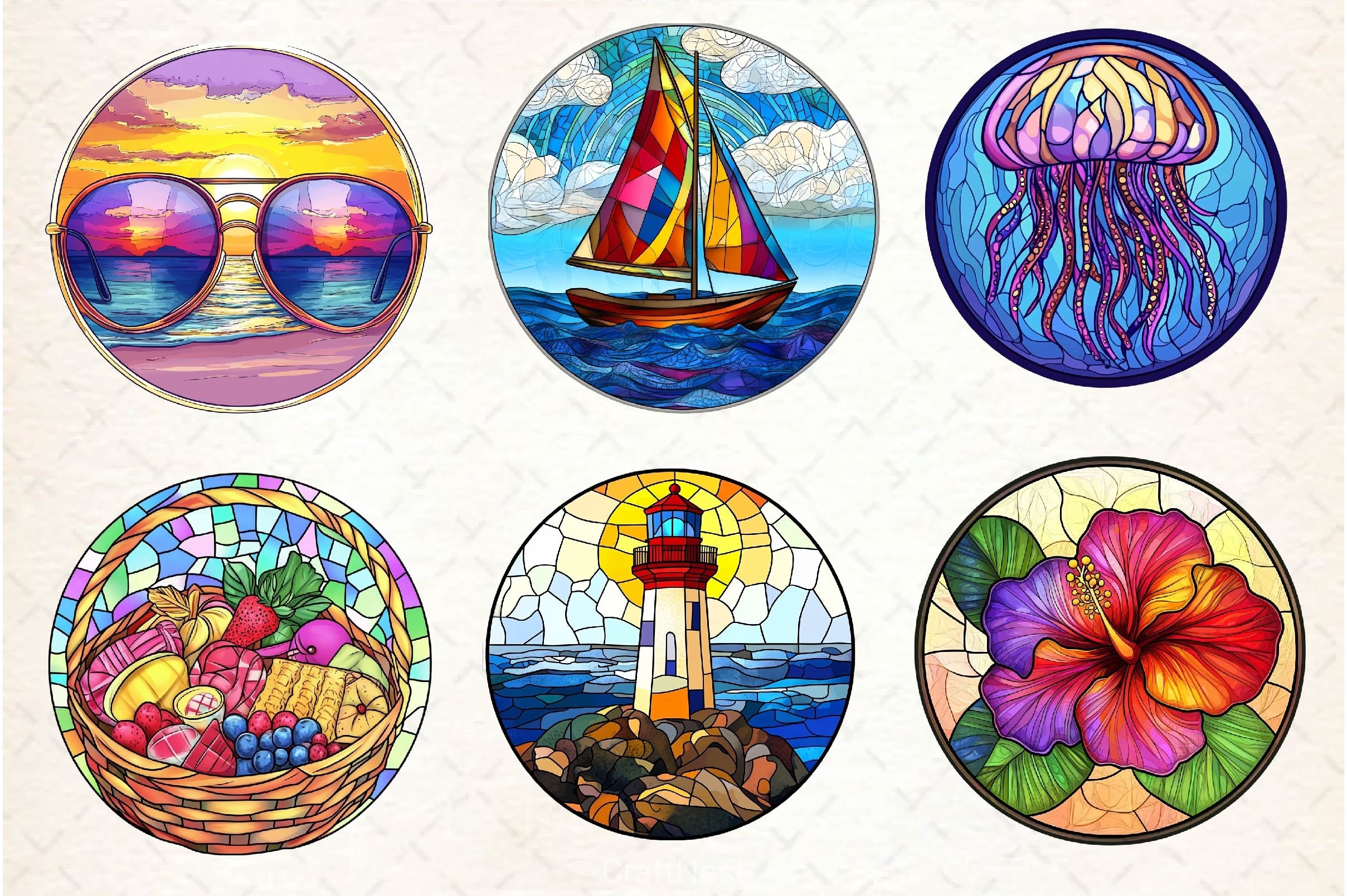 Round Stained Glass Summer Clipart Bundle 4 - CraftNest - Digital Crafting and Art