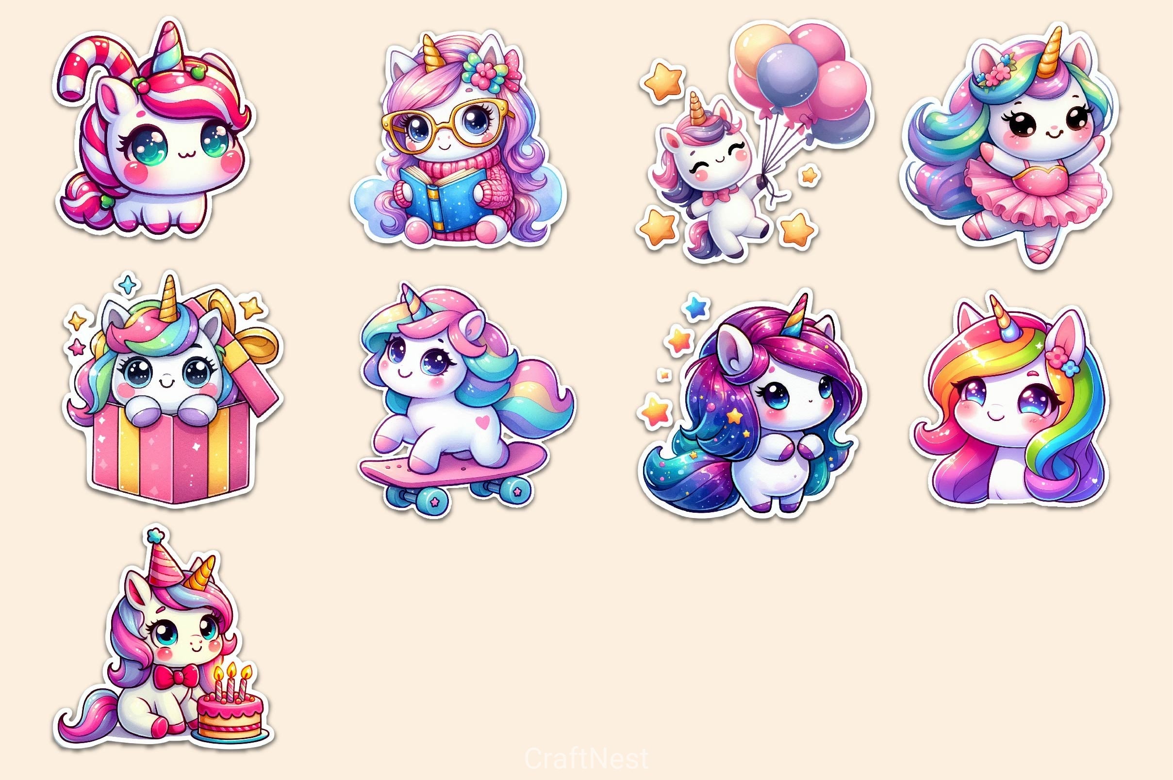 Kawaii Cute Unicorn Stickers Sticker Clipart Bundle - CraftNest - Digital Crafting and Art