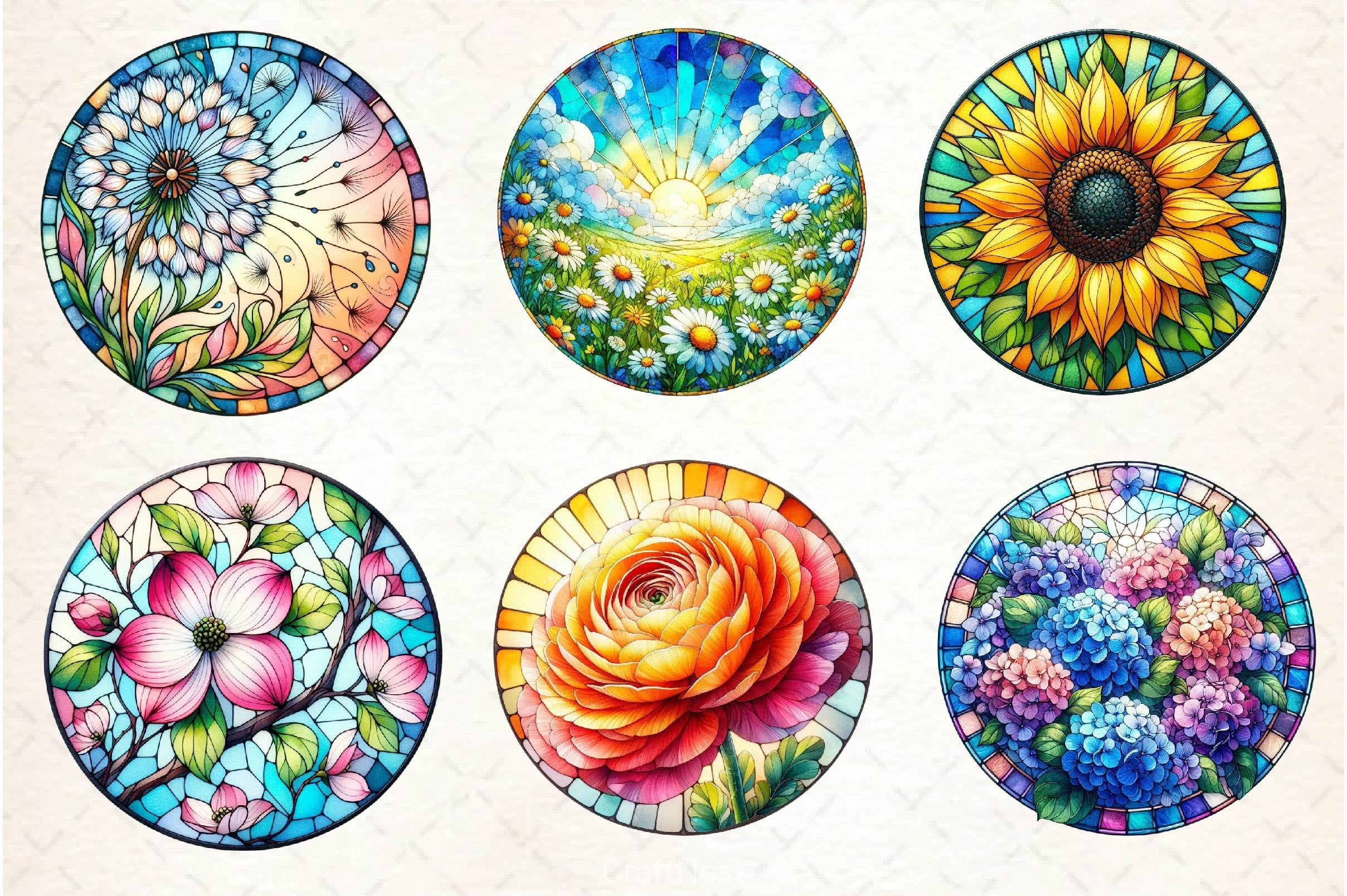 Round Stained Glass Spring Flower Clipart Bundle - CraftNest - Digital Crafting and Art