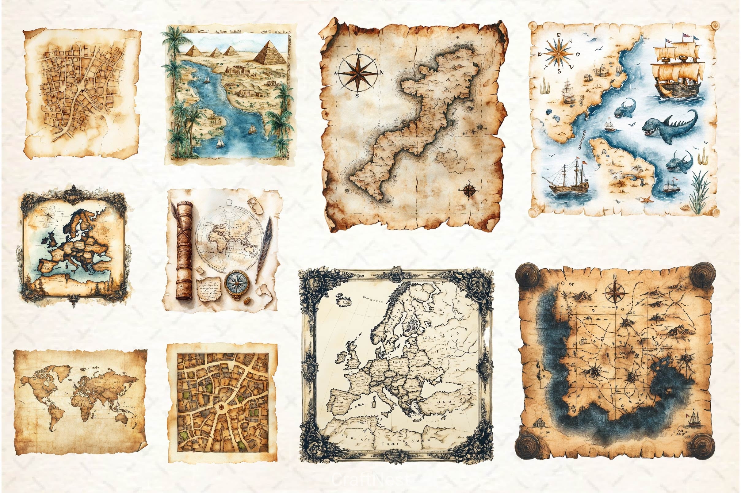 Old Maps Designs Clipart Bundle 2 - CraftNest - Digital Crafting and Art