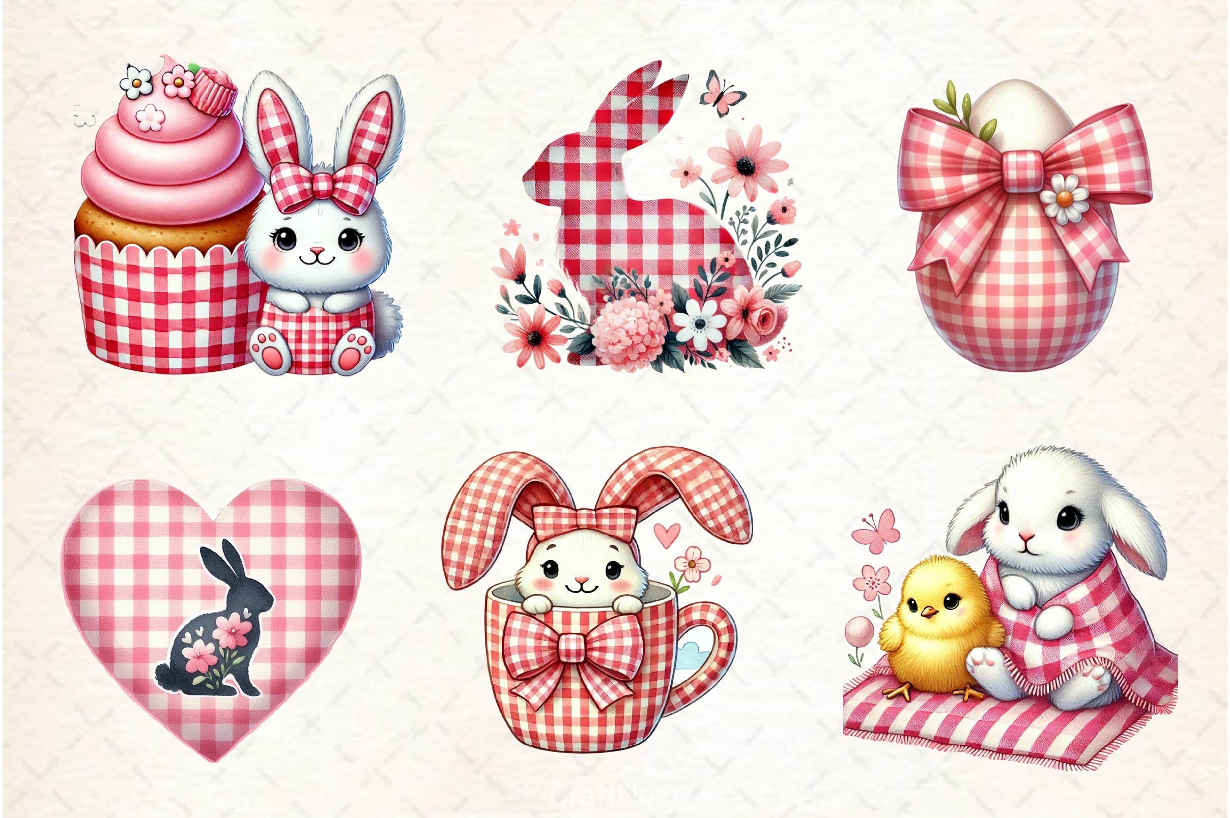 Pink Easter Gingham Ceramic Clipart Bundle 2 - CraftNest - Digital Crafting and Art