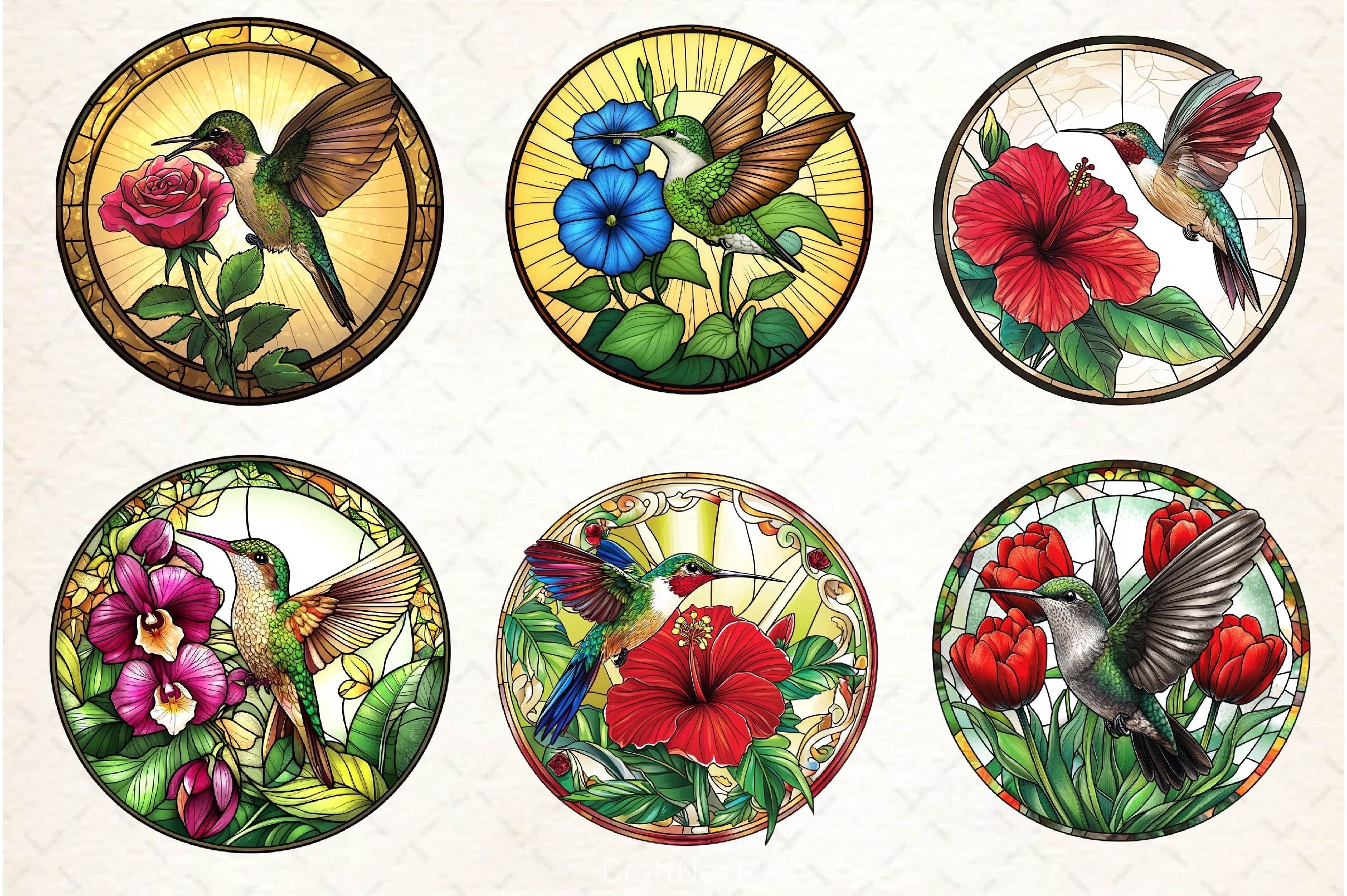 Hummingbird Flowers Round Stained Glass Clipart Bundle - CraftNest - Digital Crafting and Art
