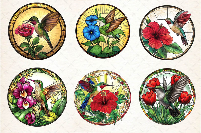 Hummingbird Flowers Round Stained Glass Clipart Bundle - CraftNest - Digital Crafting and Art