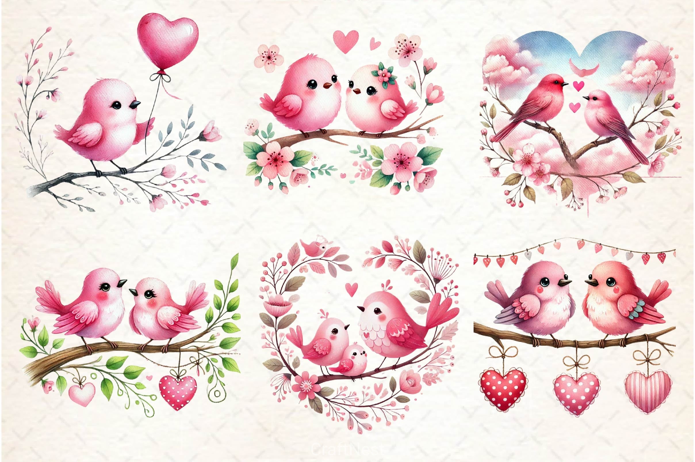 Pink Valentine Birds Clipart Bundle - CraftNest - Digital Crafting and Art