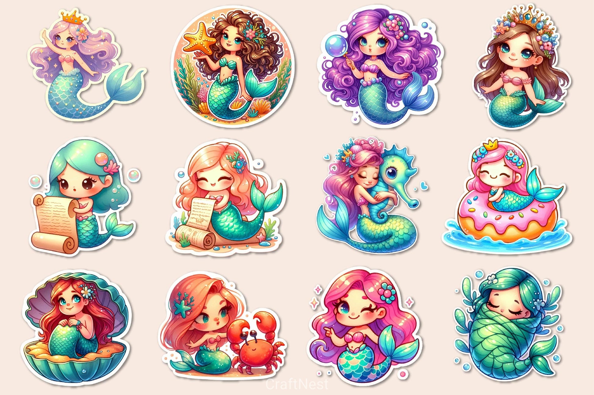 Kawaii Mermaid Clipart Bundle - CraftNest - Digital Crafting and Art