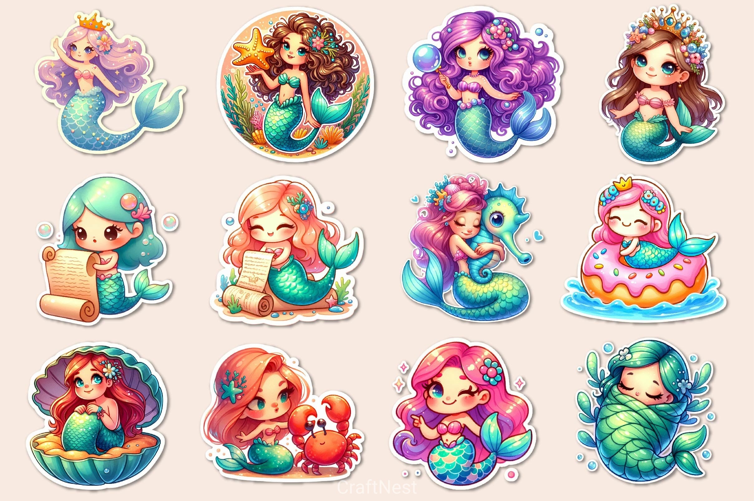 Kawaii Mermaid Clipart Bundle - CraftNest - Digital Crafting and Art