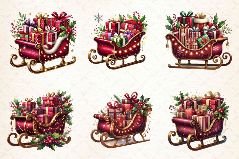 Burgundy Christmas Sleigh Clipart Bundle - CraftNest - Digital Crafting and Art