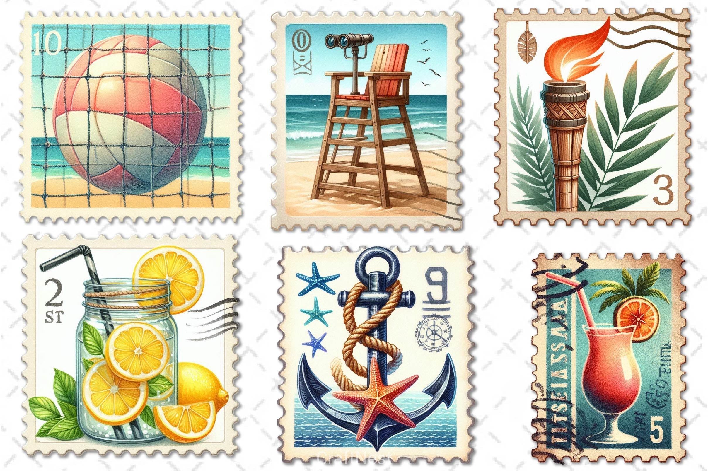 Summer Beach Postage Stamp Clipart Bundle - CraftNest - Digital Crafting and Art