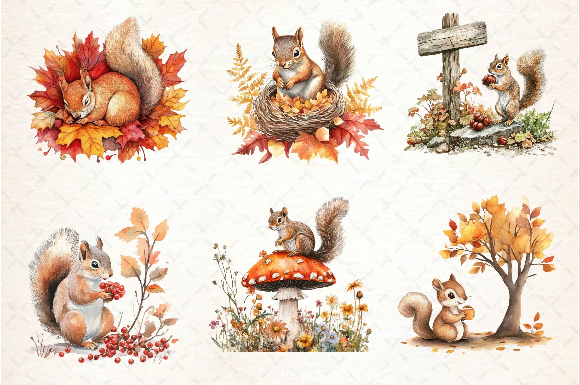 Fall Squirrels Garden Clipart Bundle 2 - CraftNest - Digital Crafting and Art