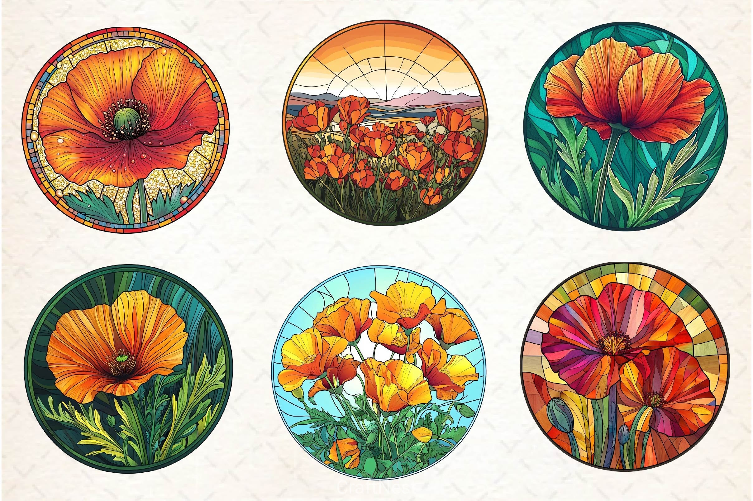 Stained Glass California Poppies Clipart Bundle - CraftNest - Digital Crafting and Art