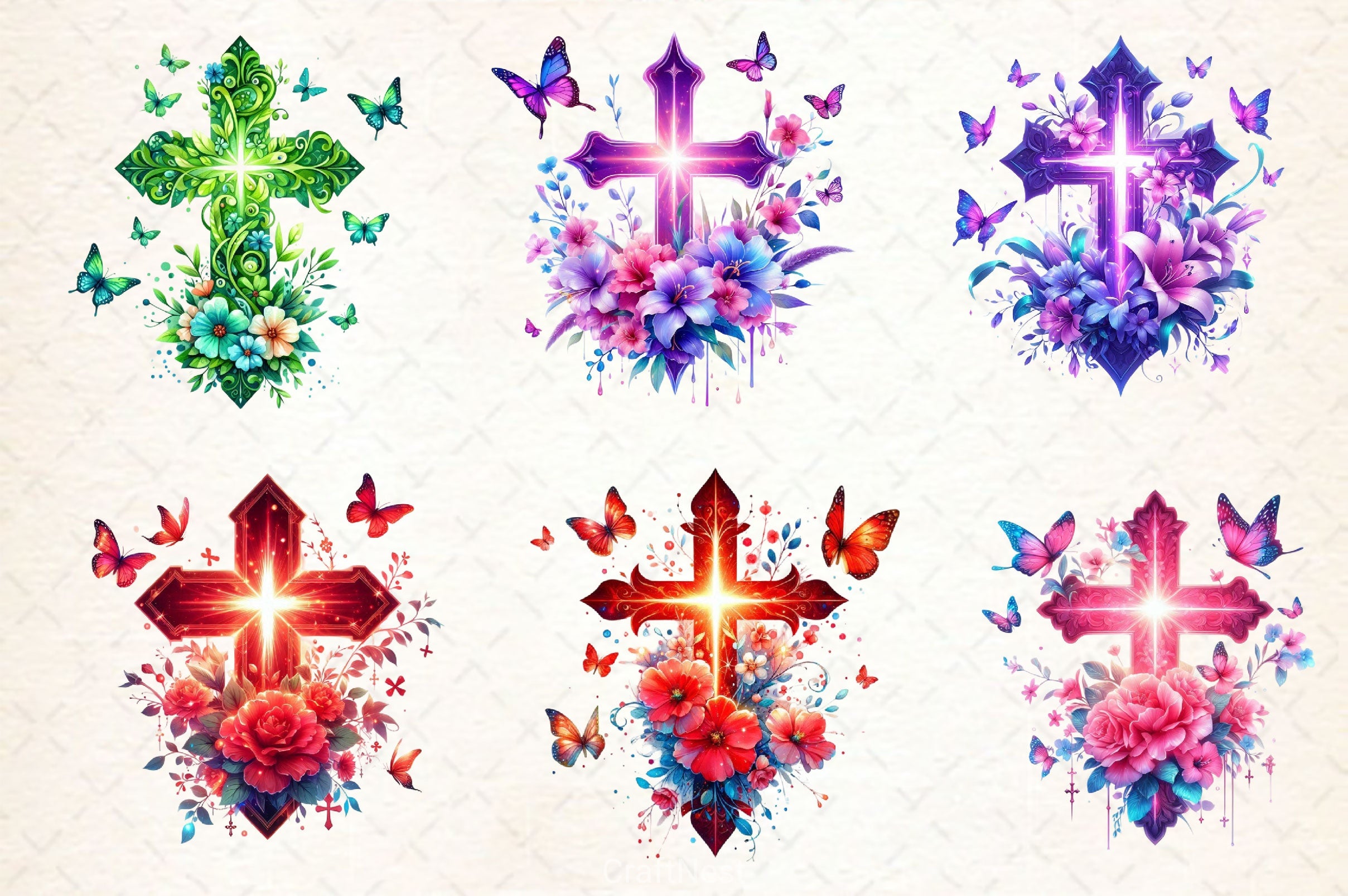 Glowing Floral Cross With Butterflies Clipart Bundle - CraftNest - Digital Crafting and Art