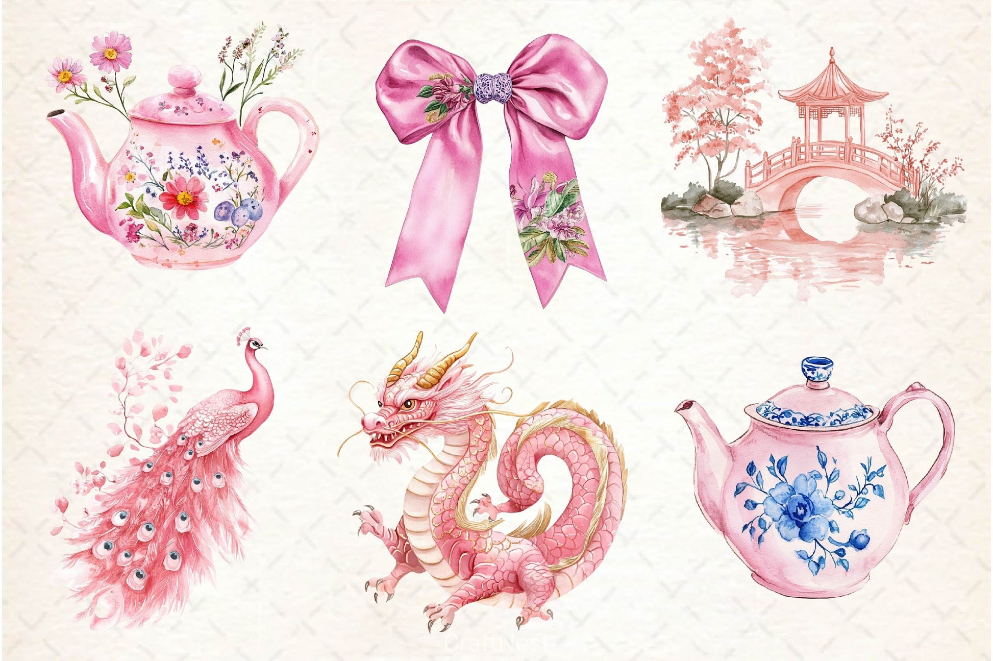 Pink Chinoiserie Summer Clipart Bundle 2 - CraftNest - Digital Crafting and Art