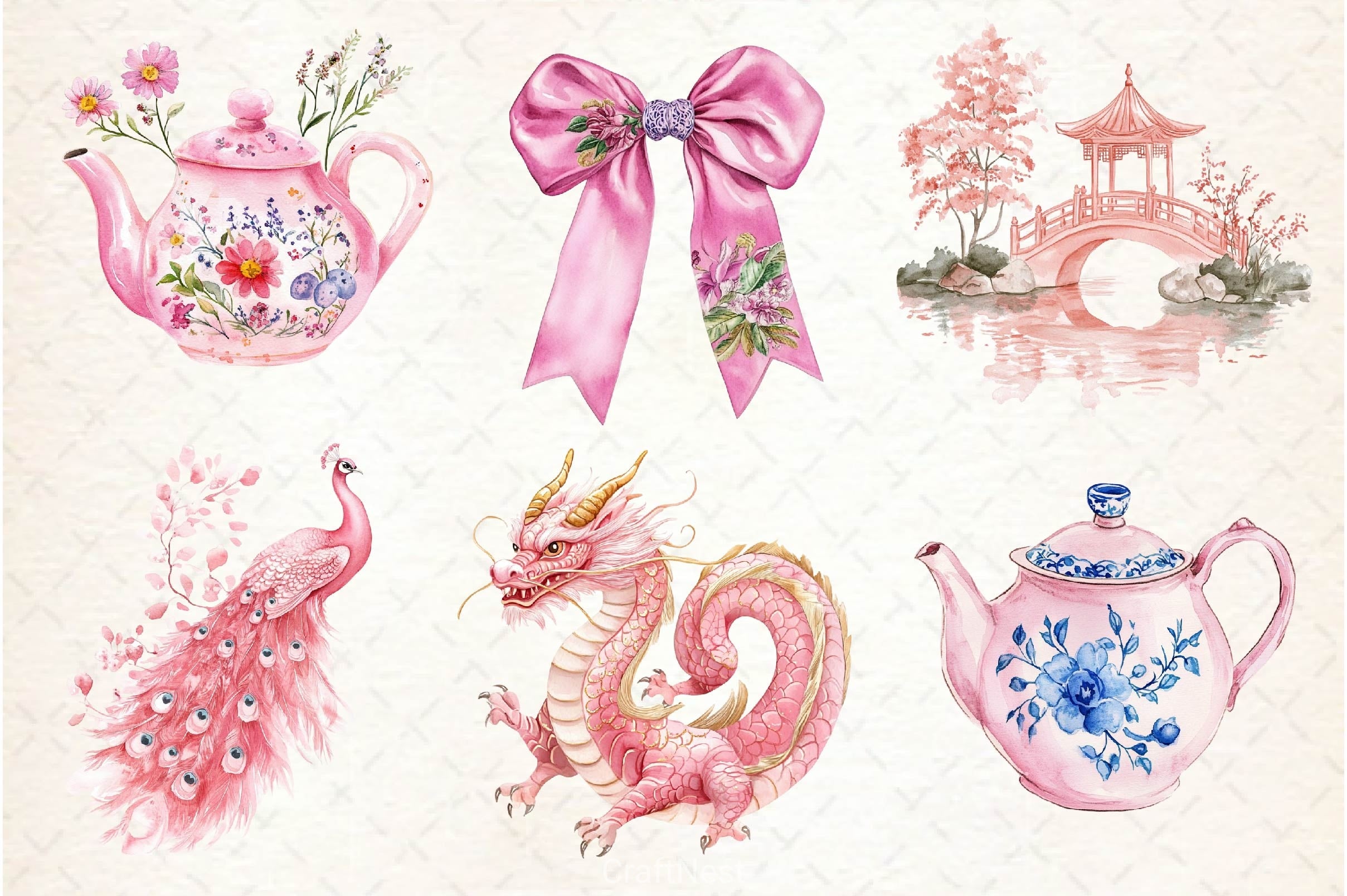 Pink Chinoiserie Summer Clipart Bundle 2 - CraftNest - Digital Crafting and Art