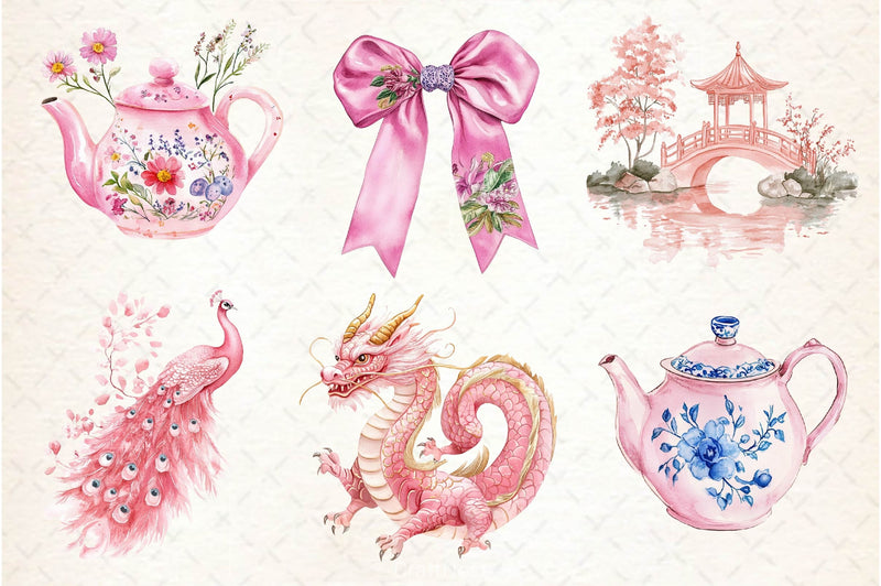 Pink Chinoiserie Summer Clipart Bundle 2 - CraftNest - Digital Crafting and Art